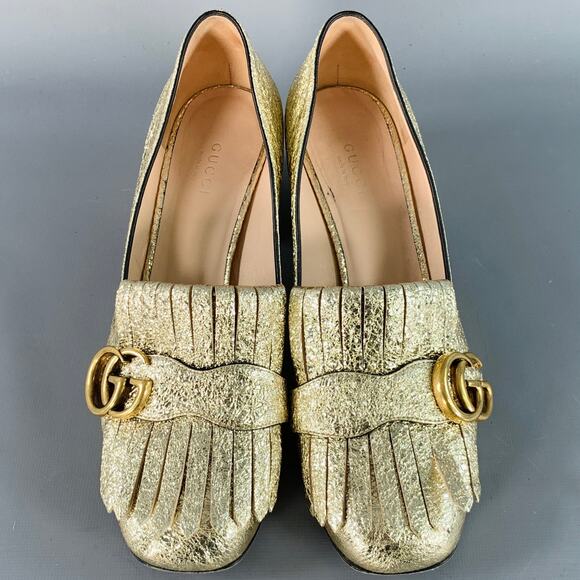 GUCCI Size 7.5 Metallic Gold Leather Textured Eyelash Fringed Pumps - Picture 4 of 9